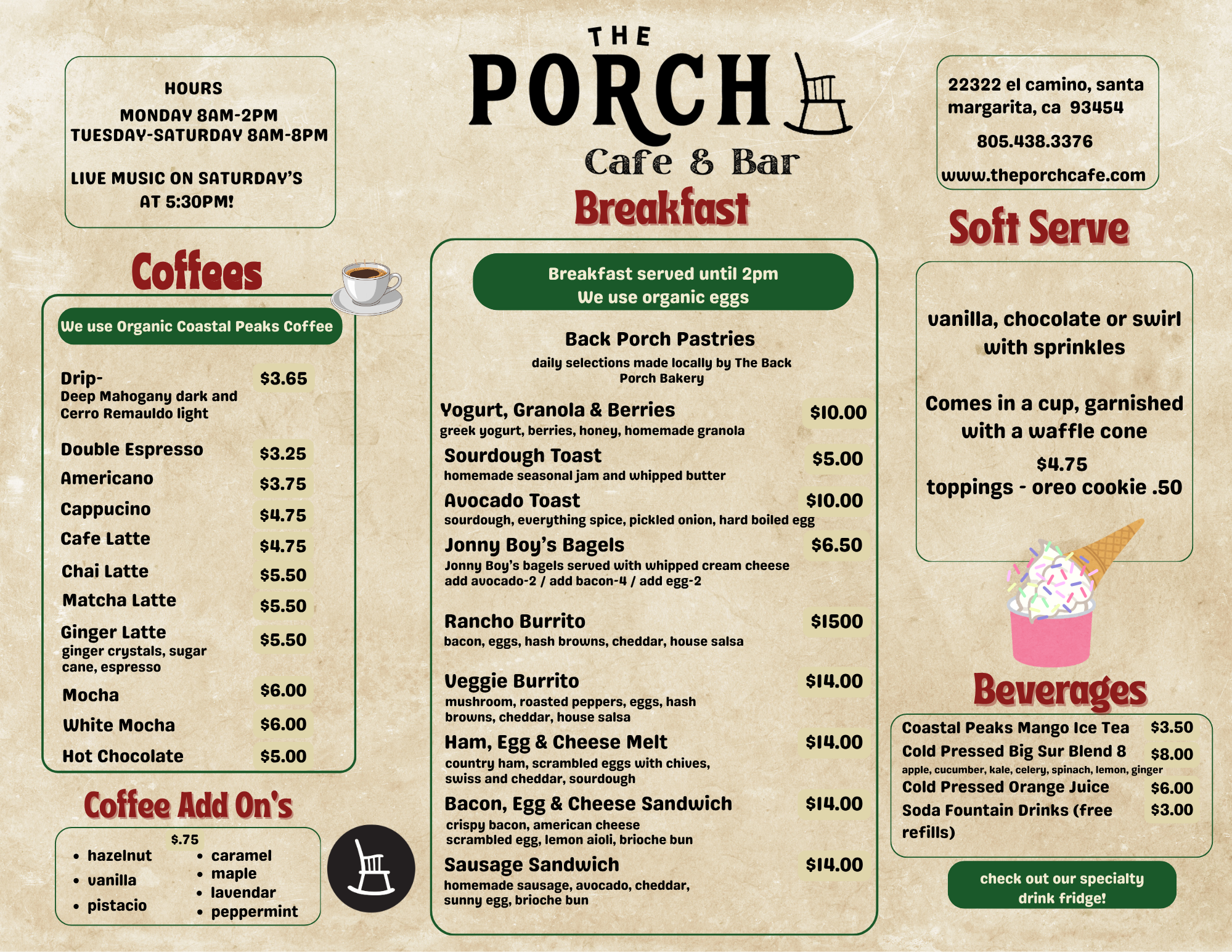 The Porch- Santa Margarita - Breakfast Menu