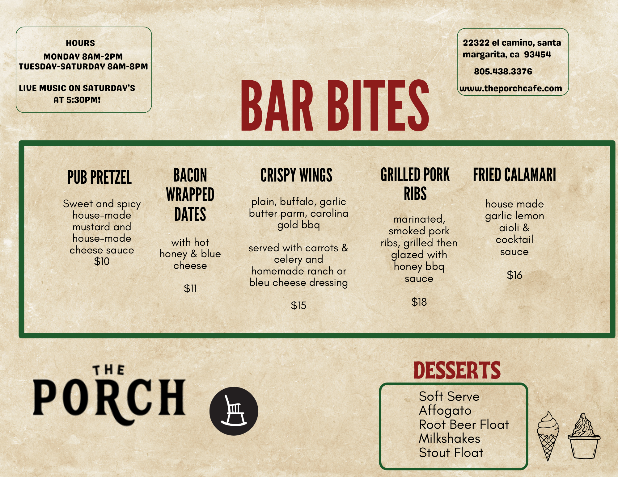 The Porch - Santa Margarita - Lunch Menu